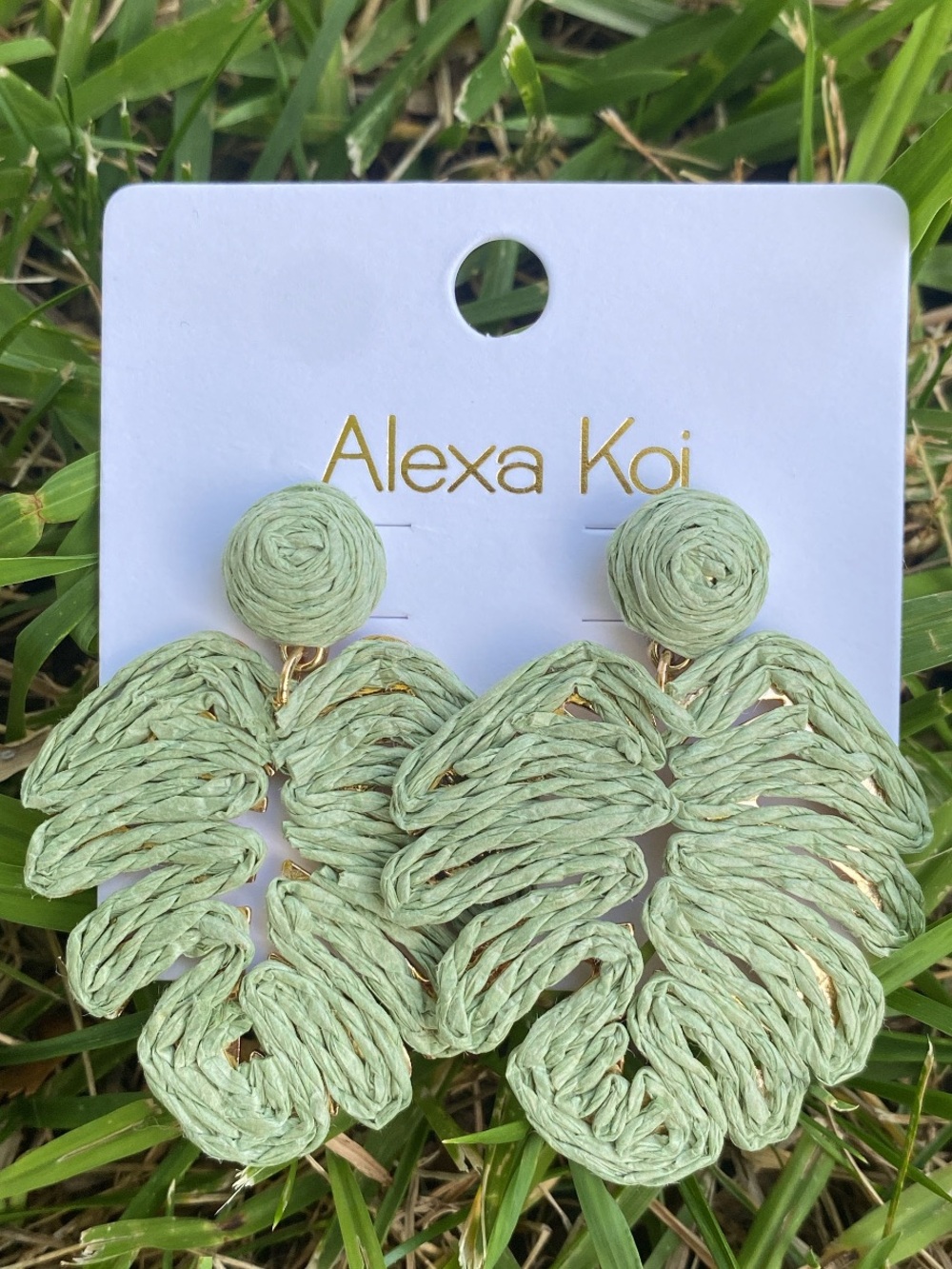 Alexa Koi Light Green Raffia Leaf Drop Earrings